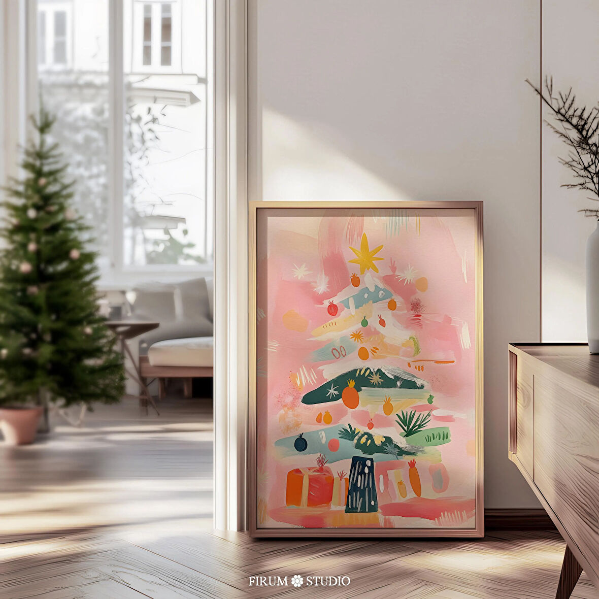 Pastel Pembe Noel Ağacı - Sevimli Bohem Tatil Dekoru | Modern Trend Noel Duvar Sanatı ve Şenlikli Ev Dekoru |