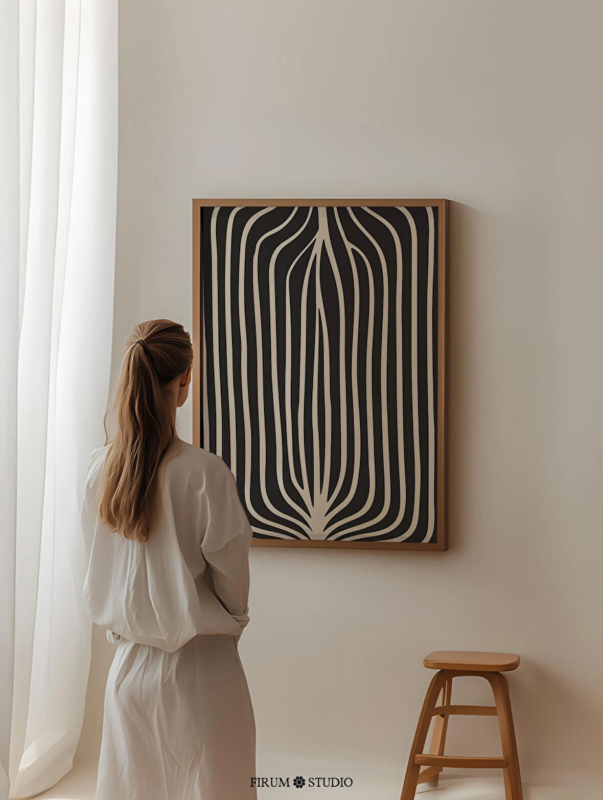 Bej ve Siyah Modern Çizgiler - Loft Estetiği İçin Büyük Orta Yüzyıl Modern Sanatı | Vurgu Duvarları ve Salonlar İçin |