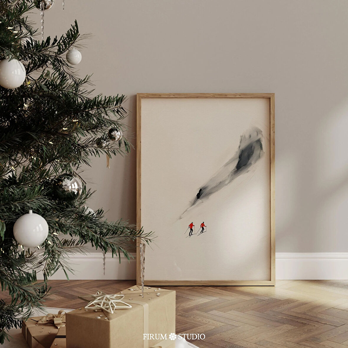 Minimal Kış Sanatı - Siyah Beyaz Kayakçılar Duvar Sanatı | Dağ Tatilleri ve Airbnb için Retro Kabin Dekoru |