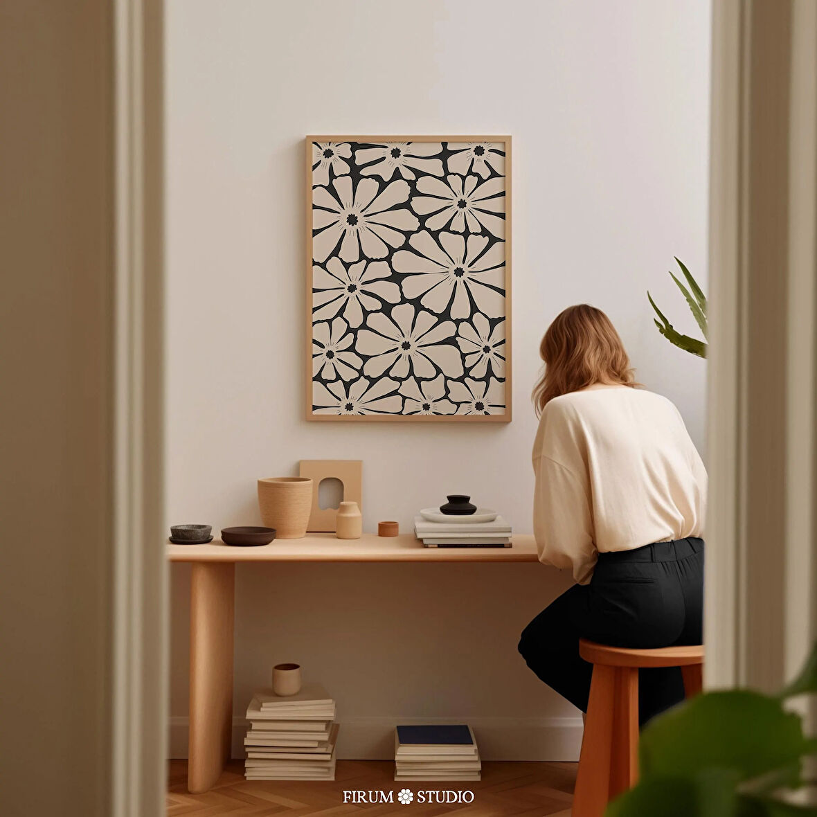 Nötr Çiçek Desenleri - Estetik Ofisler İçin Orta Yüzyıl Modern Çiçek Dekoru | Kasvetli Duvar Dekoru ve Bohem Çiçek |