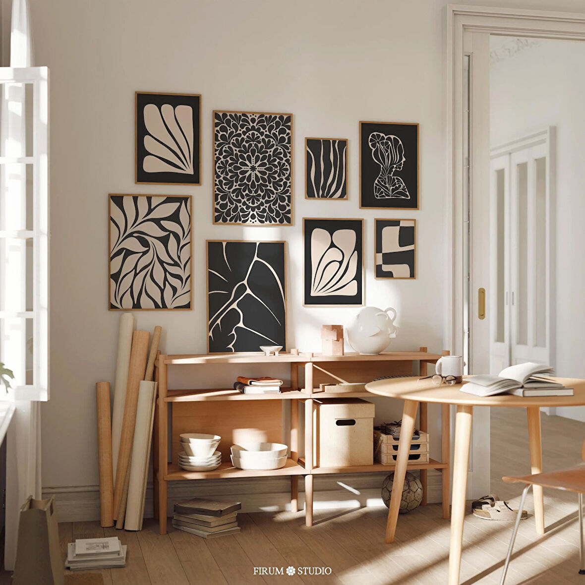 Şık Siyah ve Bej Soyut Botanik Sanat Seti - Estetik Dekor için 8'li Modern Duvar Galerisi Seti | Sanat Galerisi |