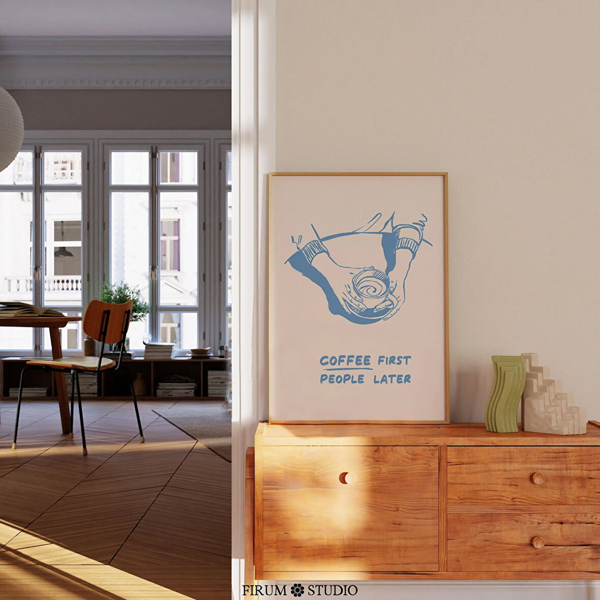 Kahve Önce İnsanlar Sonra Sönük Mavi Poster