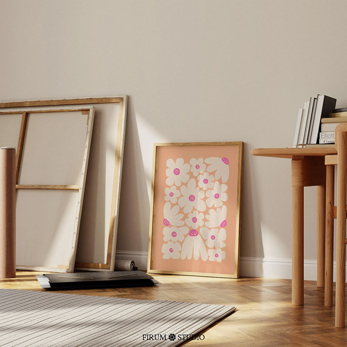 Şeftali ve Beyaz Çiçekler, Renkli Boho Yatak Odası Duvar Sanatı