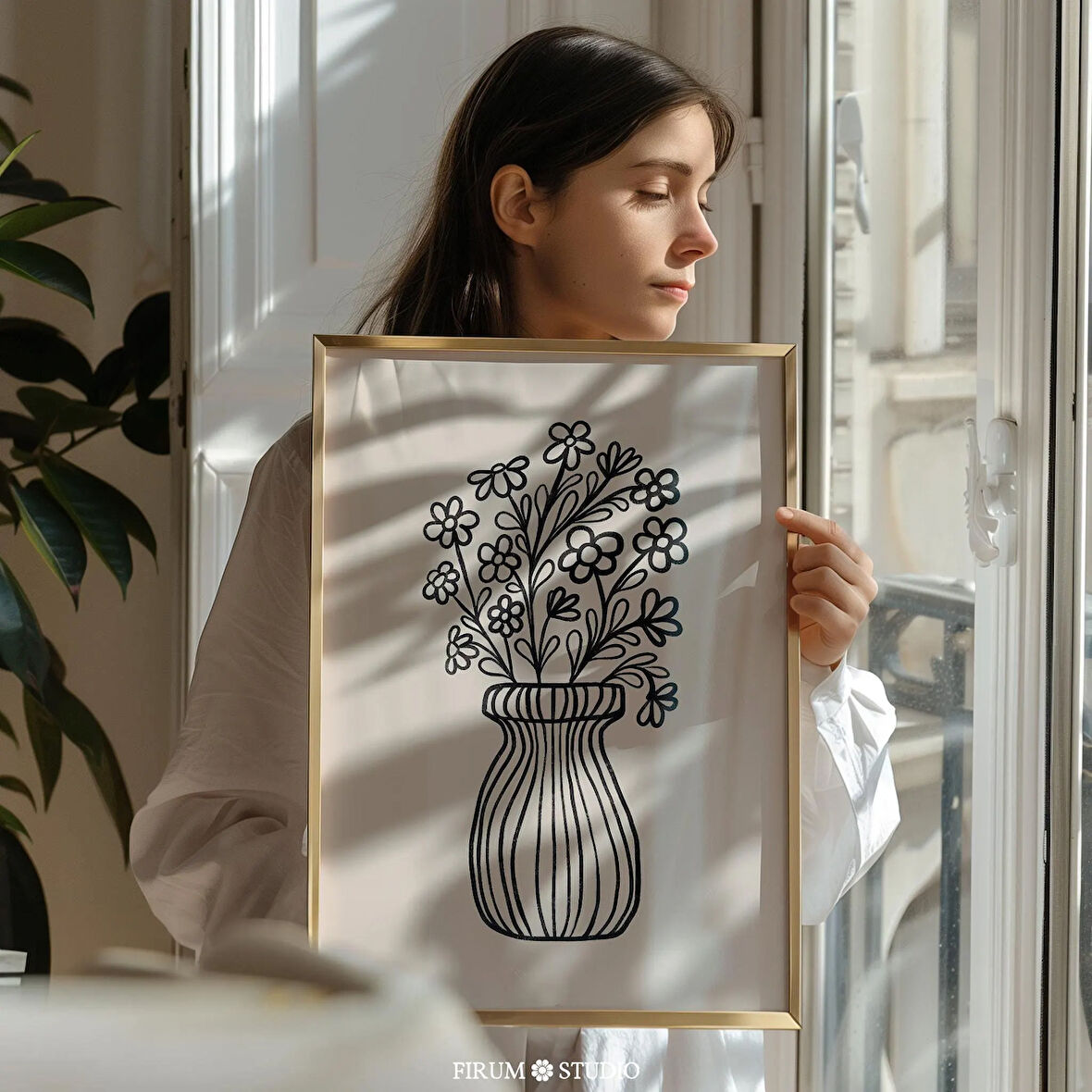 Vazoda Çiçekler Boho İllüstrasyon Duvar Sanatı