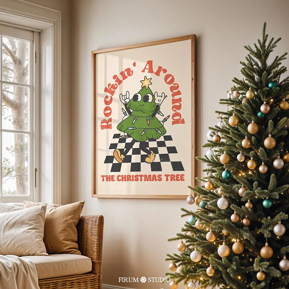 Komik Retro Noel Ağacı Duvar Sanatı