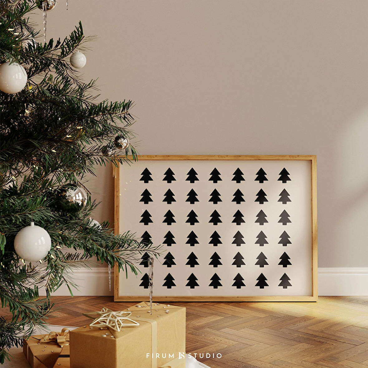 Minimalist Bej ve Siyah Noel, Modern Noel Yatay Duvar Sanatı |