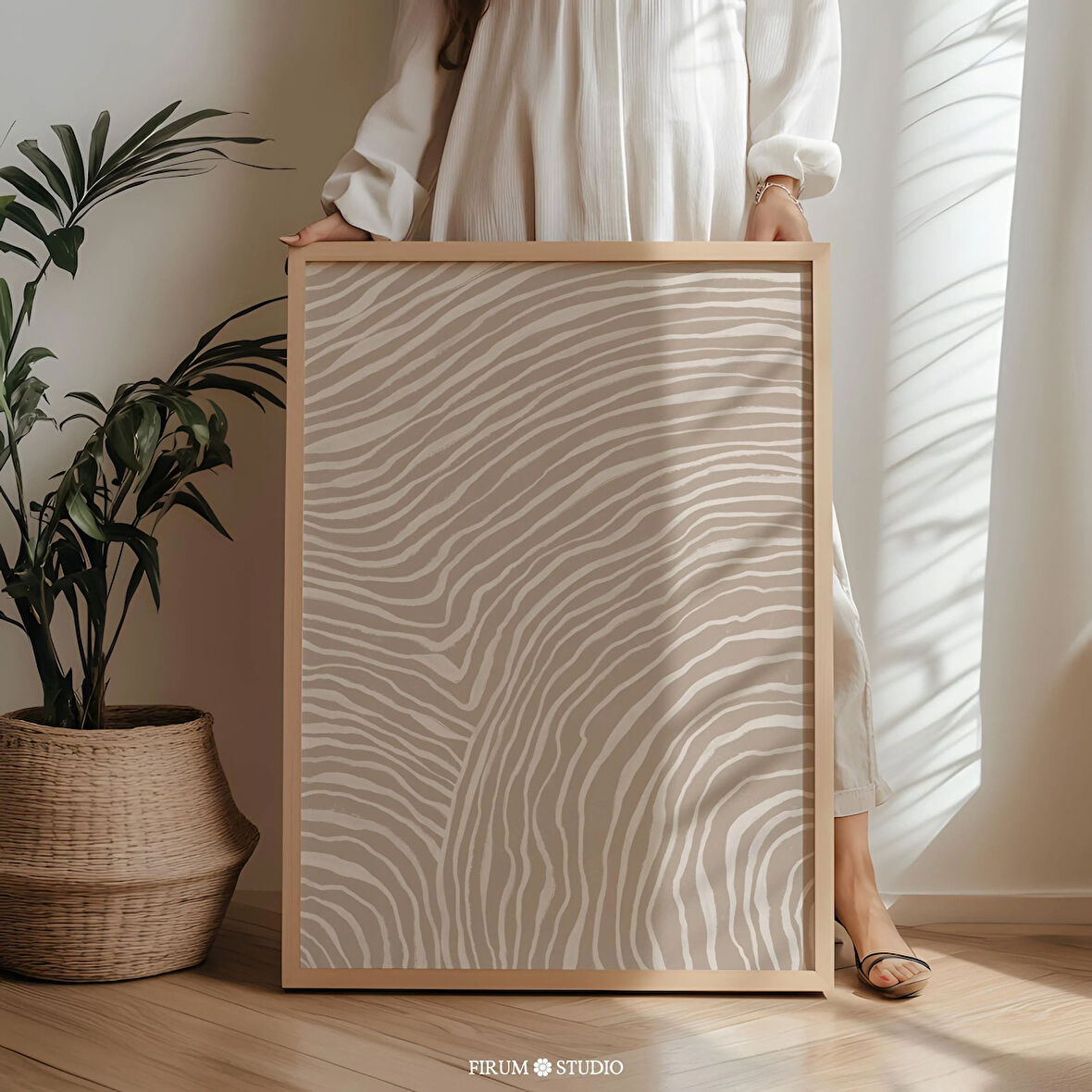Nötr Bej Minimalist Çizgili Duvar Sanatı, Hafif Estetik Daire Duvar Dekoru