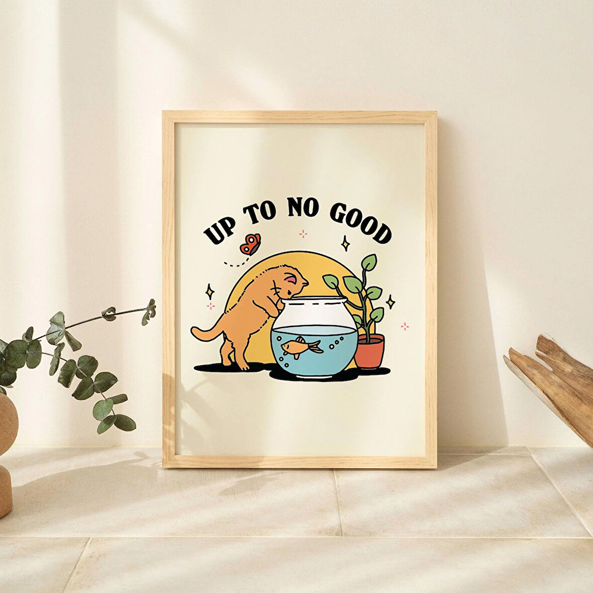 ÇERÇEVELİ Yavru Kedi ve Balık Havuzu Baskısı, Kötü Niyet Poster, Kreş Çocuk Odası Baskıları, Galeri Duvarı