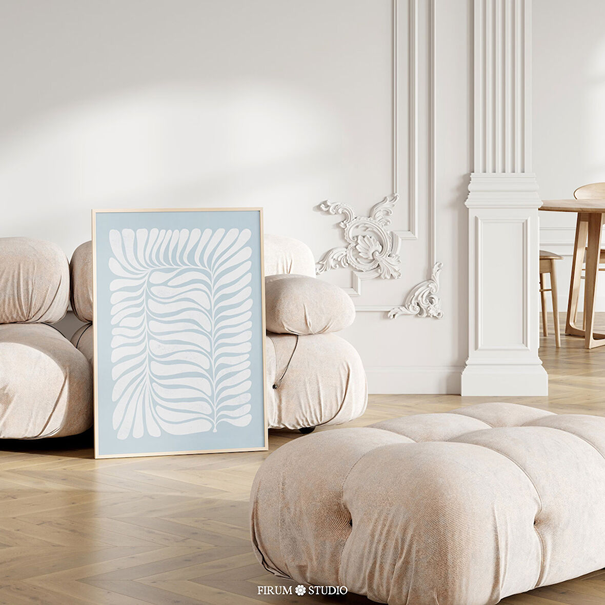 Gök Mavisi Beyaz Çiçek Sanatı, Duvar Sanatı, Organik Minimalist, Soyut Botanik