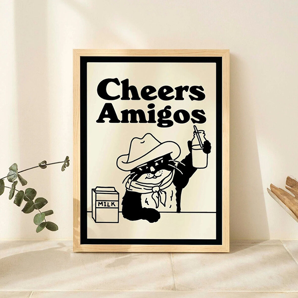 ÇERÇEVELİ Cheers amigos, Retro İçecek Posteri, Kovboy Kedi Süt Posterleri, Kovboy Kedi Baskısı, Mutfak Dekoru