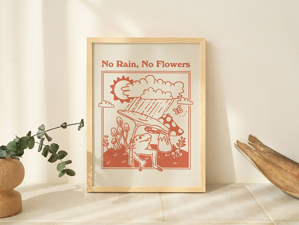 Retro Kurbağa Minimal, Yağmur Yoksa Çiçek Yok Sözü, Yanık Turuncu, Duvar Dekoru