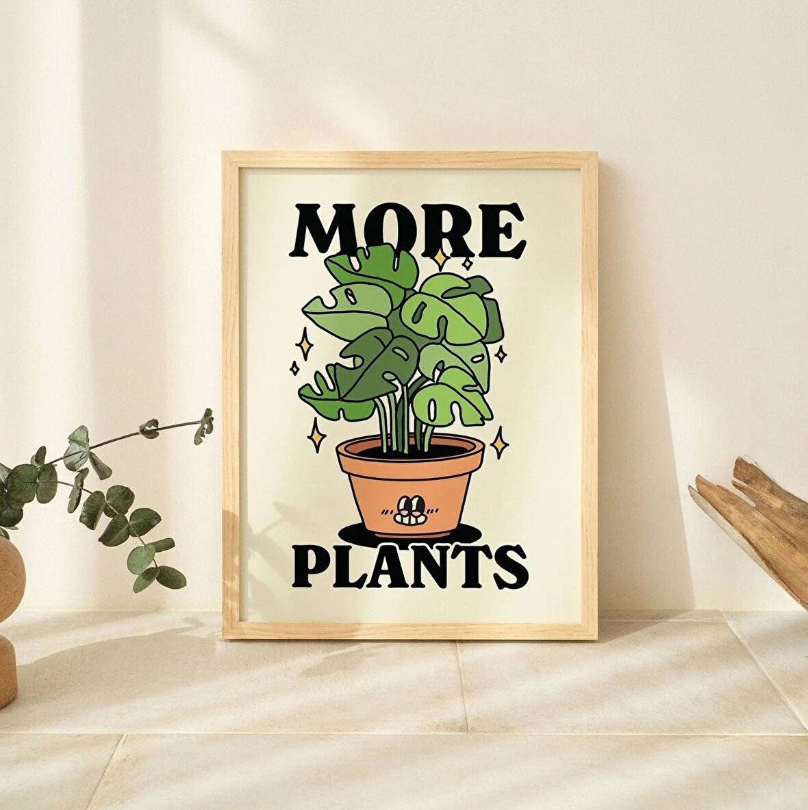 ÇERÇEVELİ Retro Botanik Poster, Daha Fazla Bitki Sözü Baskısı, Tipografik Duvar Dekoru, Büyük Pozitiflik Baskıları