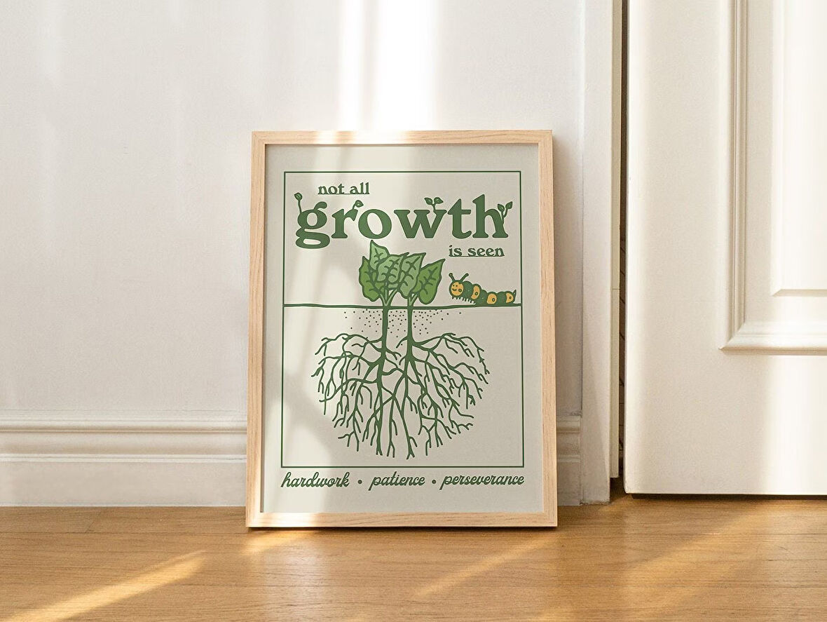 Retro Bitki Posteri, Estetik Alıntı, Motivasyonel Ofis, Yeşil Duvar Dekoru