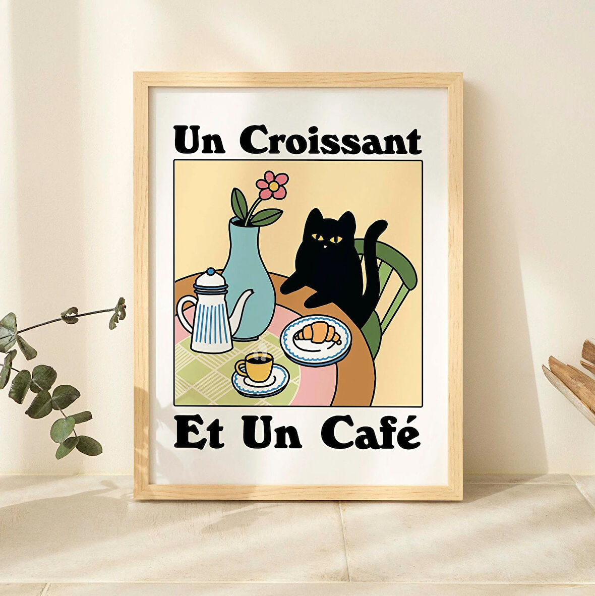 ÇERÇEVELİ Fransız Kafe Kedi Baskısı, Kruvasan Poster, Sevimli Mutfak Posteri