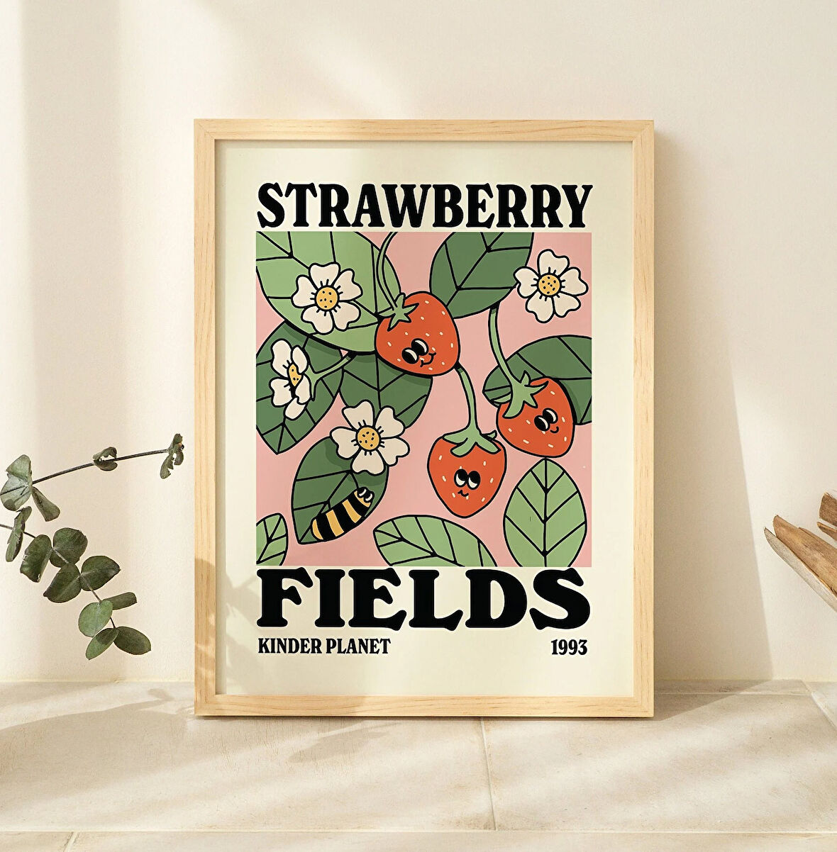 Retro Çilek Tarlaları Posteri, Şirin Çiçek Pazarı, Trend Ofis Dekoru
