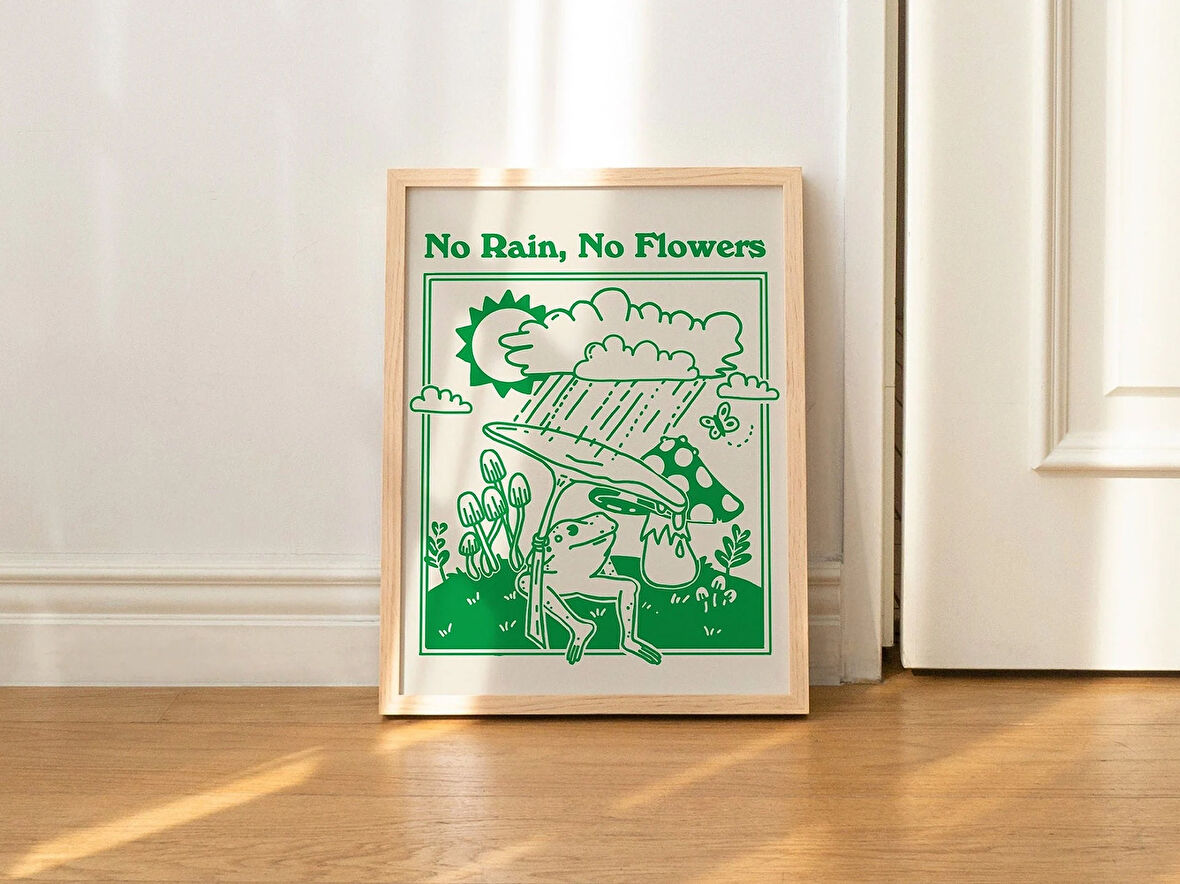 ÇERÇEVELİ Yeşil Kurbağa Baskısı, Retro Minimalist İllüstrasyon, Vintage Estetik Çerçeveli Posterler, Yeşil Çerçeveli Duvar Dekoru