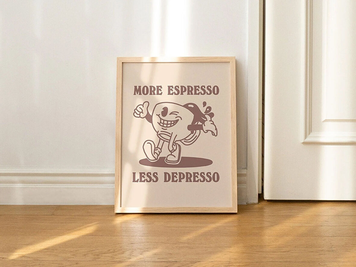 ÇERÇEVELİ Kahve Baskısı, Daha Fazla Espresso Daha Az Depresso, Retro Mutfak ve Yemek Odası Baskıları, Sevimli Kafe Duvar Sanatı