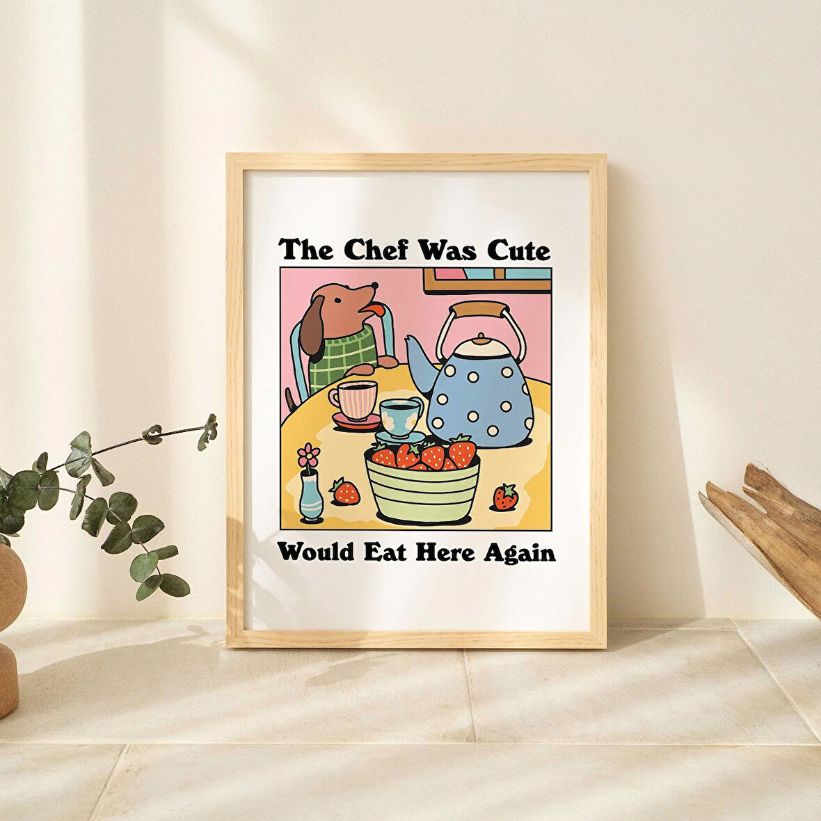ÇERÇEVELİ Sevimli Şef Köpek Baskısı, Retro İçecek Posteri, Pembe Bistro Kahve Posterleri, Mutfak Dekor Posterleri