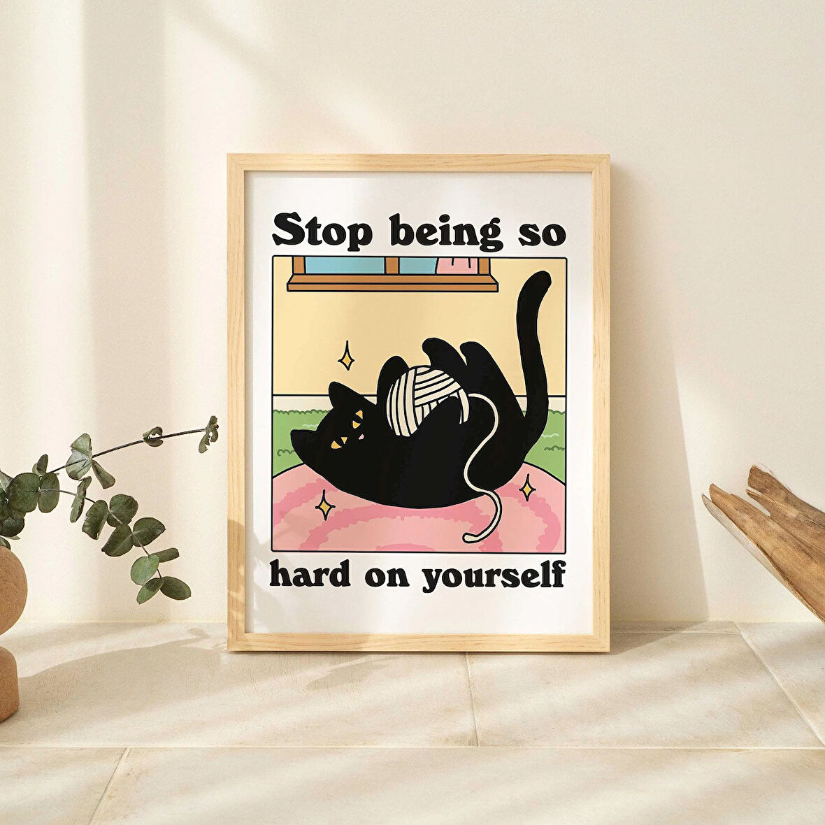 ÇERÇEVELİ Renkli Kedi Baskısı, Kendine İyi Bak Alıntısı, Siyah Kedi Baskısı, Retro Kedi Posteri, Eklektik Sanat