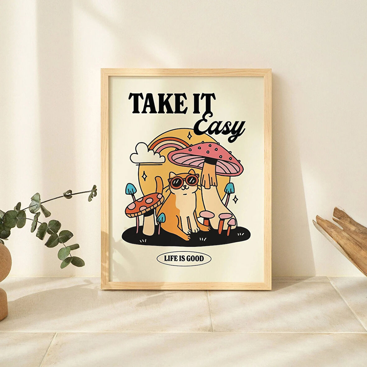 ÇERÇEVELİ Rahat Kedi Mantar Baskısı, Rahatla Sözü Posteri, Nötr Retro Şık Sanat, Trend Y2K