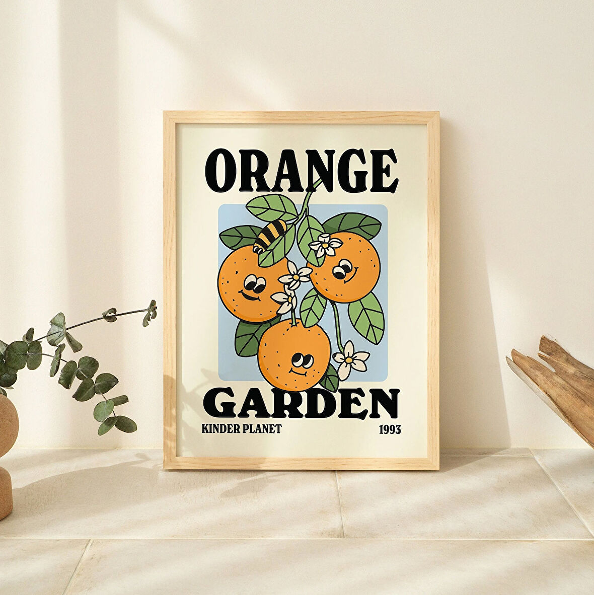 ÇERÇEVELİ Portakal Bahçesi posteri, Çiçek Baskısı, Meyve Karakterli poster, Çiçek Sanatı, Retro Tipografi
