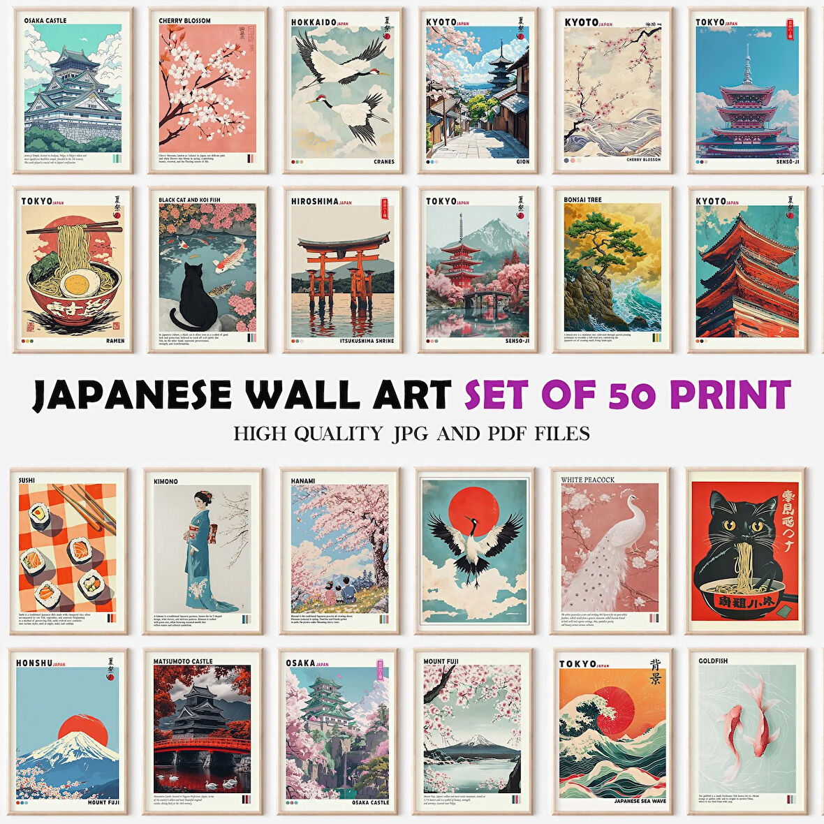 50'li Japon Duvar Sanatı Seti, Japandi Duvar Sanatı, Japon Sanatı, Japandi Sanatı