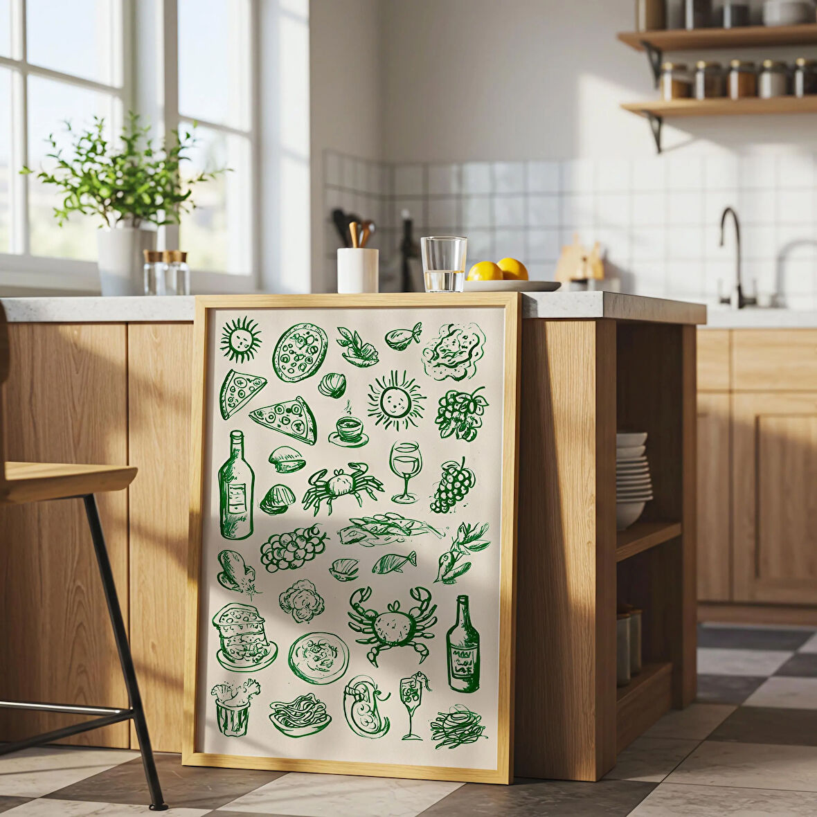 Deniz Ürünleri Mutfak Duvar Sanatı, İtalyan Yemek Odası Posteri, Yeşil Gıda İllüstrasyonu
