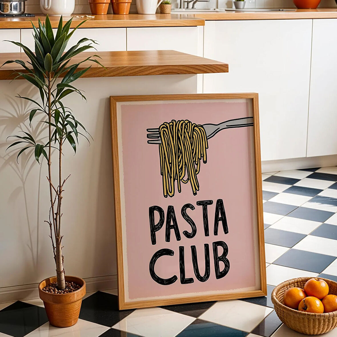 Pembe Makarna Kulübü Posteri, Modern Mutfak Duvar Sanatı, Yemek Odası İçin Minimalist Makarna