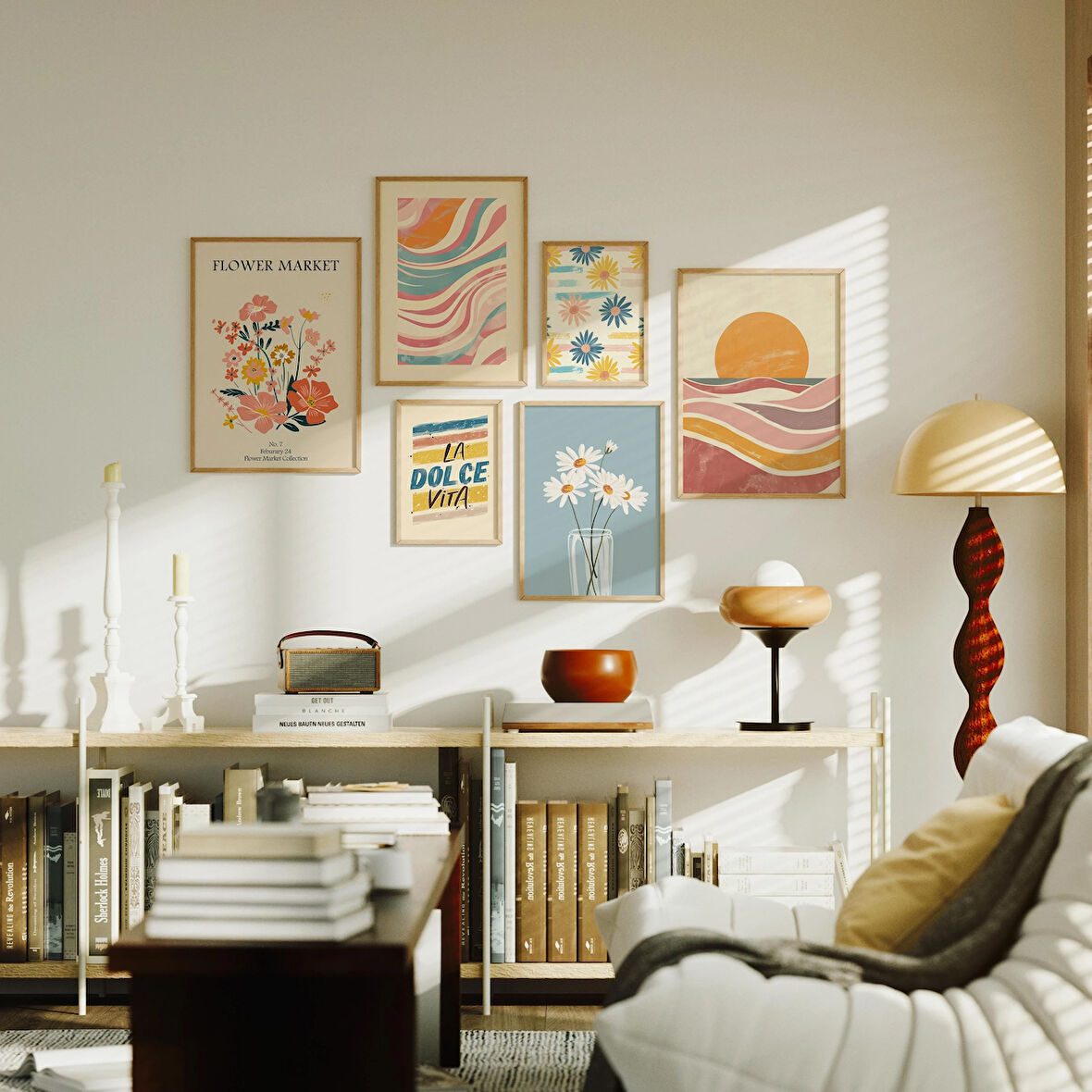 Retro Duvar Sanatı Seti 6 Baskı, Çiçek Pazarı, Soyut Duvar Sanatı, Apartman Estetik Poster