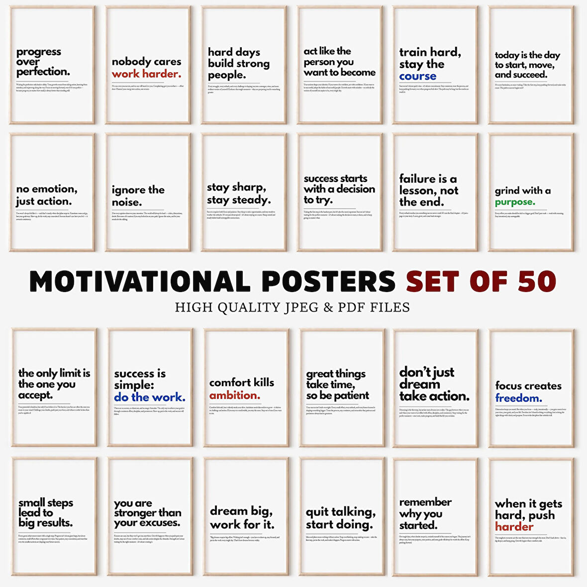 50 Baskıdan Oluşan Motivasyonel Posterler Seti, Tipografi Posteri, İlham Verici Duvar Sanatı, Ev Ofis Duvar Sanatı