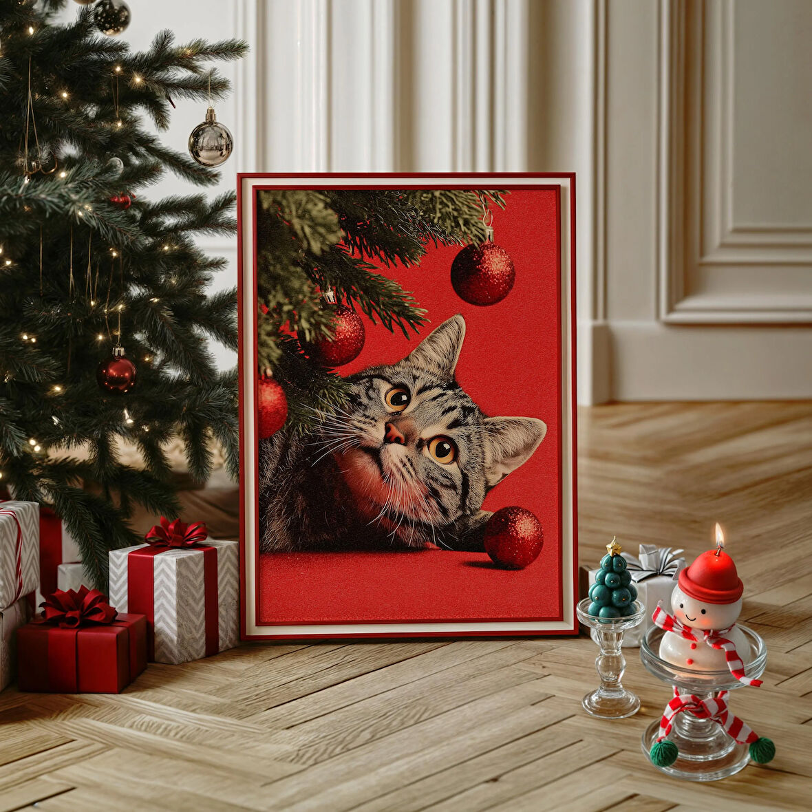 Sevimli Kedi Noel Duvar Sanatı, Kırmızı Arka Planlı Şenlikli Tatil Posteri