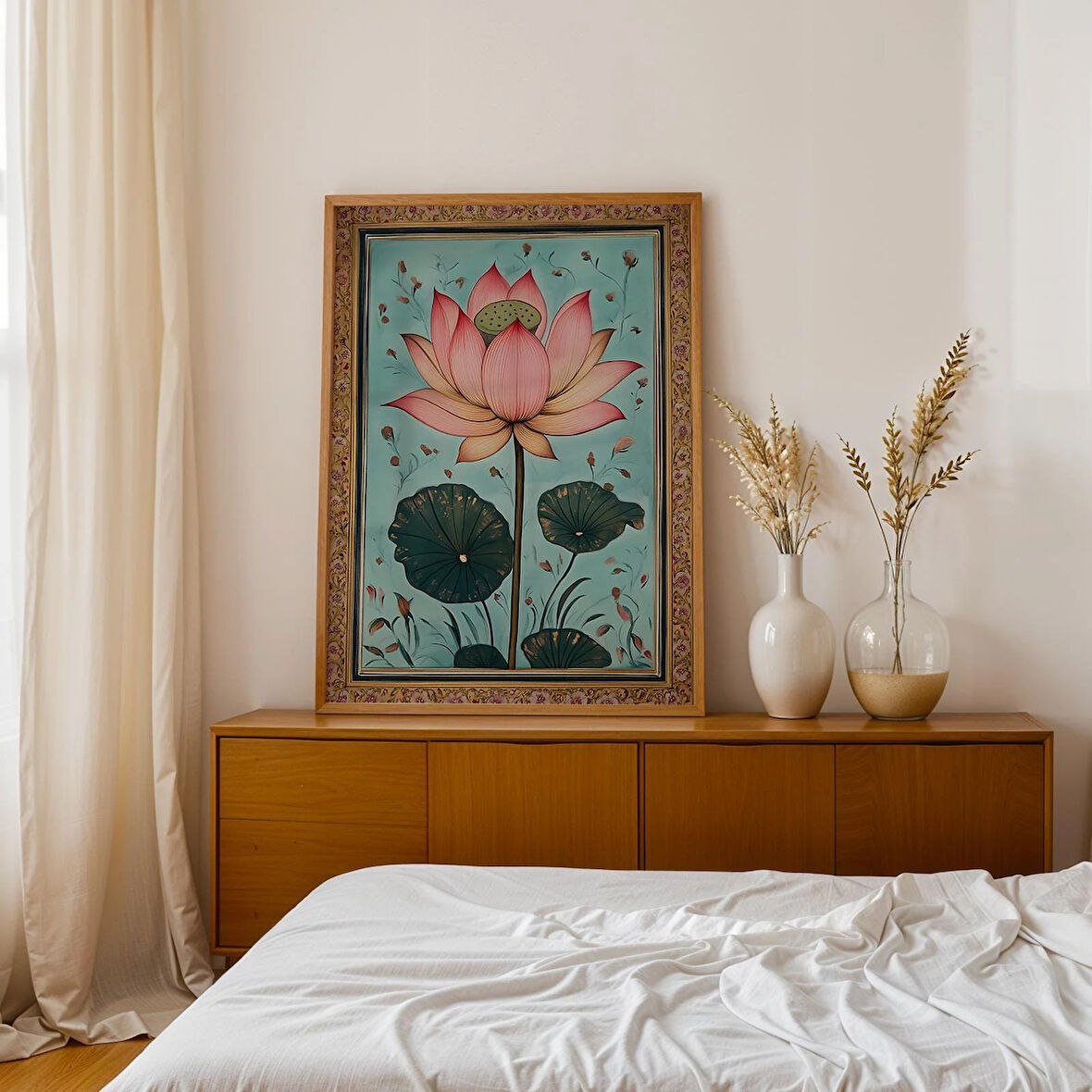 Hint Duvar Sanatı Lotus Sanatı, Pembe Lotus Çiçeği Mavi Arka Plan, Hint Sanatı