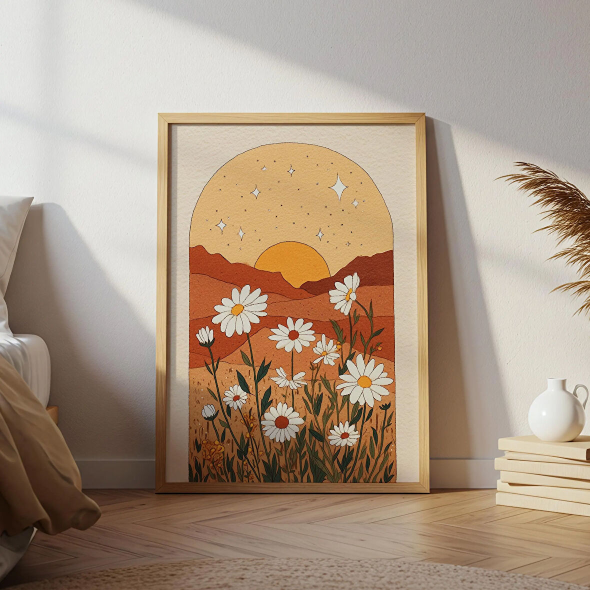 Gün Batımı Papatya Tarlası Duvar Sanatı, Beyaz Papatyalı Sıcak Tonlu Kır Çiçeği Poster, Bohem Duvar Sanatı