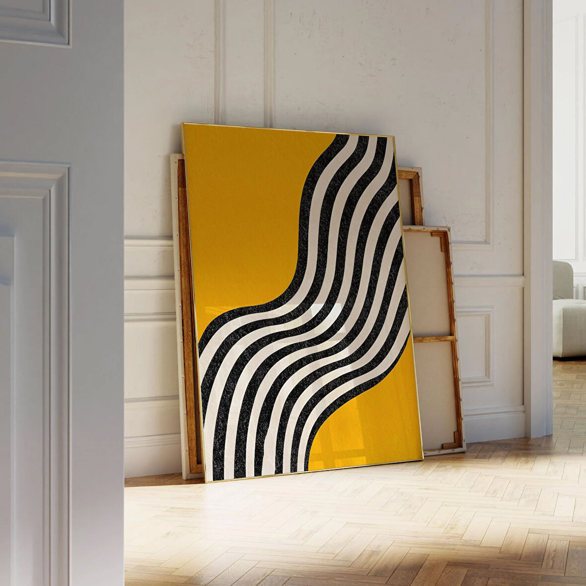 Orta Yüzyıl Modern Sarı Duvar Sanatı: Soyut Siyah Beyaz Çizgiler ( )