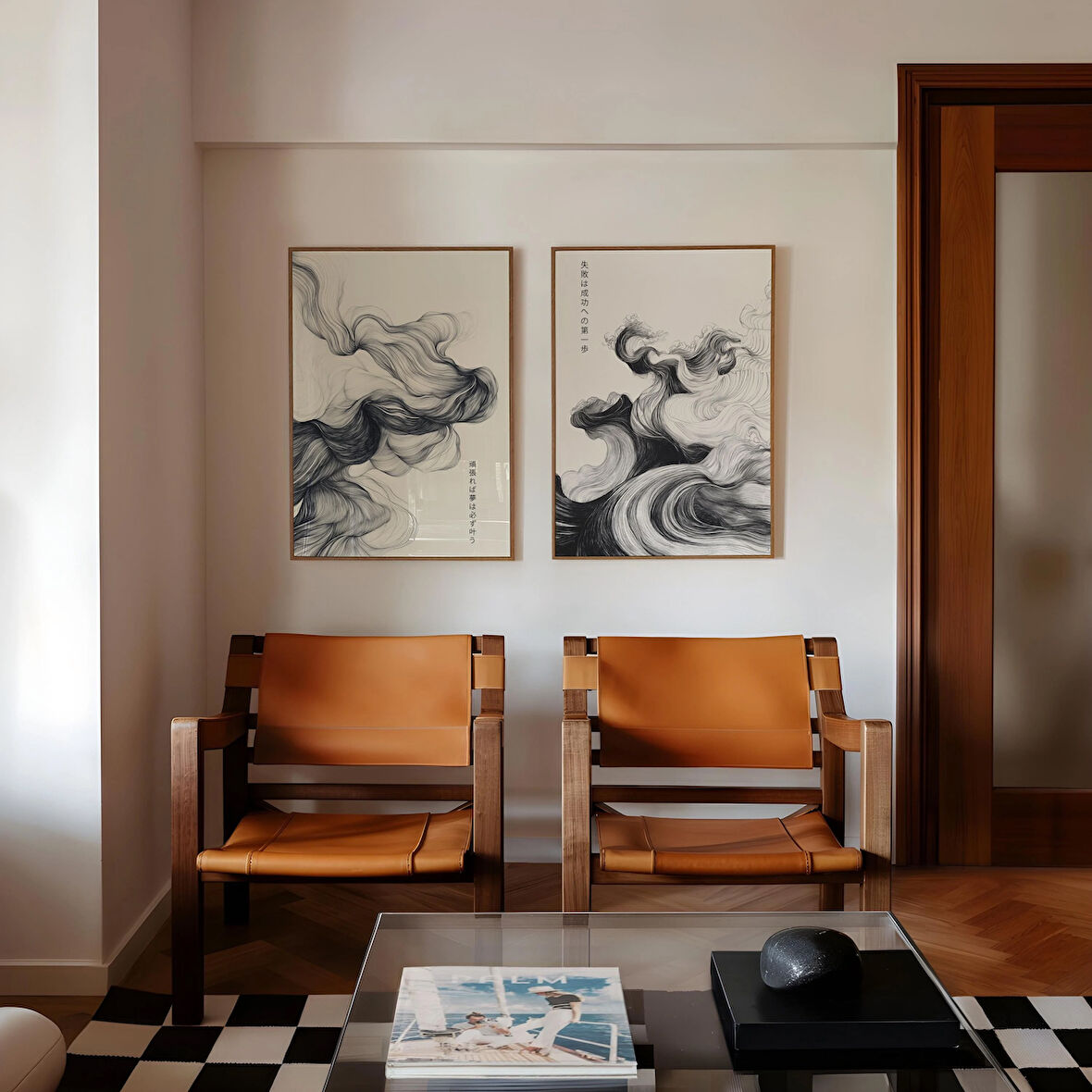 Japon Motivasyon Sözleri 2'li Set, Siyah Beyaz Dalga Japon Poster