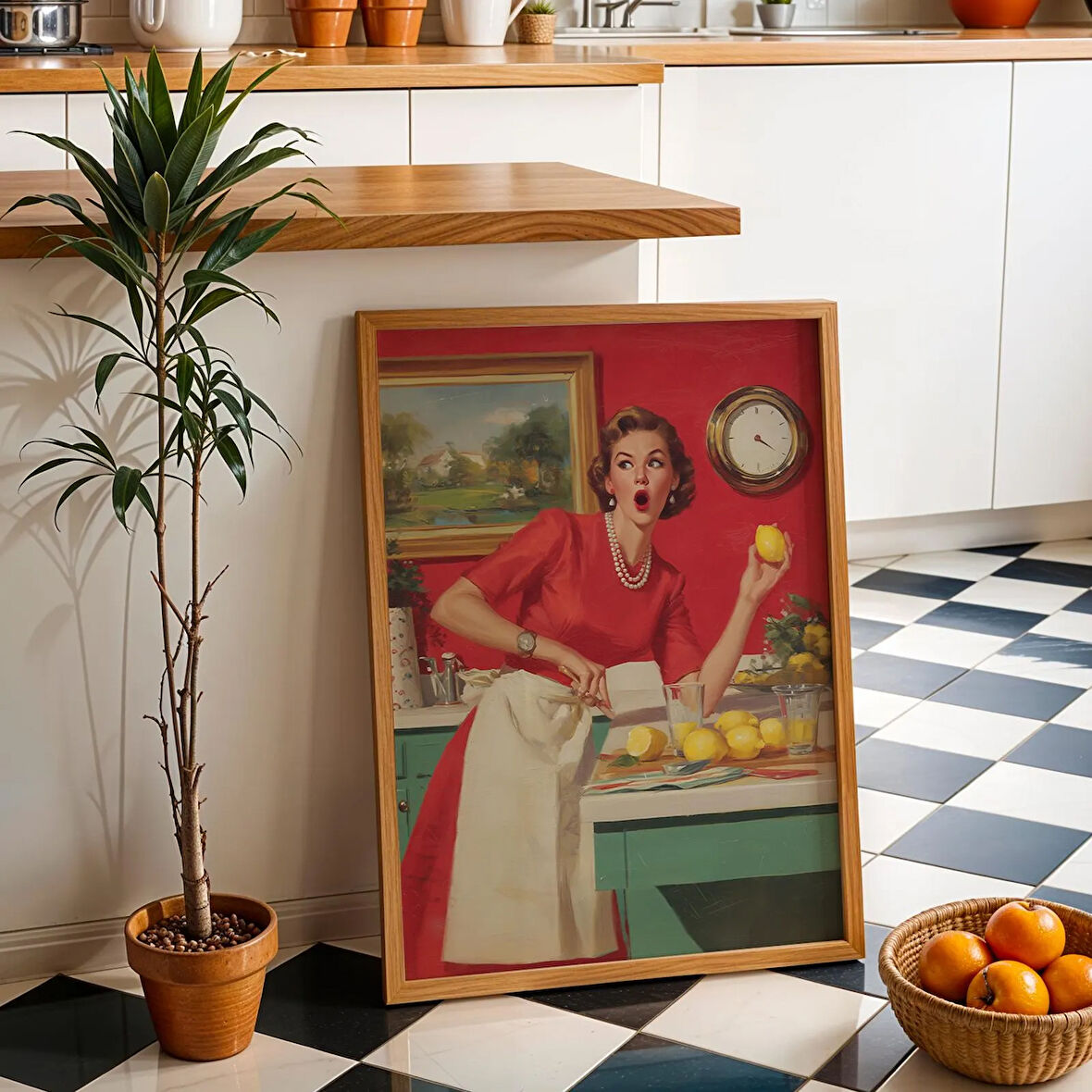 Retro Ev Hanımı Limonata Sanatı: 1950'ler Mutfak Kokteyl Posteri ( & )
