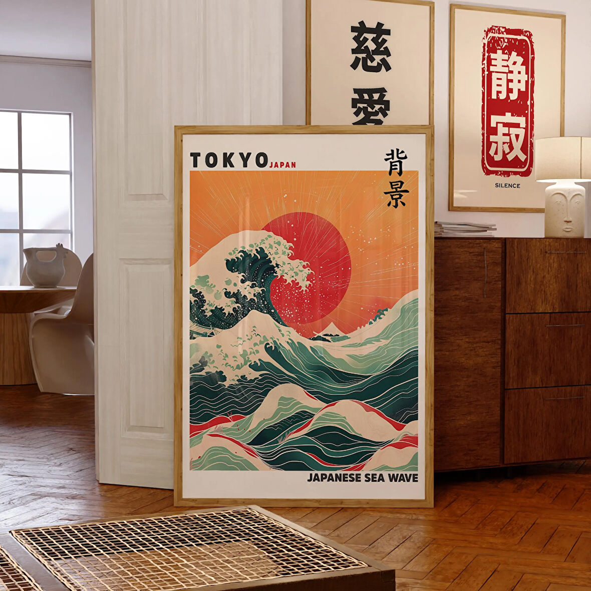 Japon Deniz Dalgası Poster, Kırmızı Güneşli Tokyo Duvar Sanatı, Modern Büyük Dalga