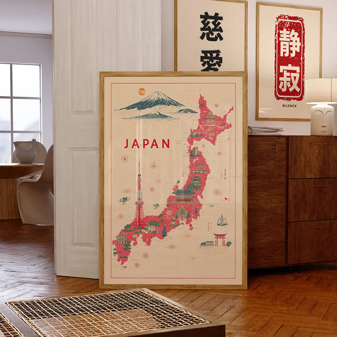 Japonya Haritası Posteri, Resimli Japonya Simgeleri, Fuji ve Tokyo Duvar Sanatı