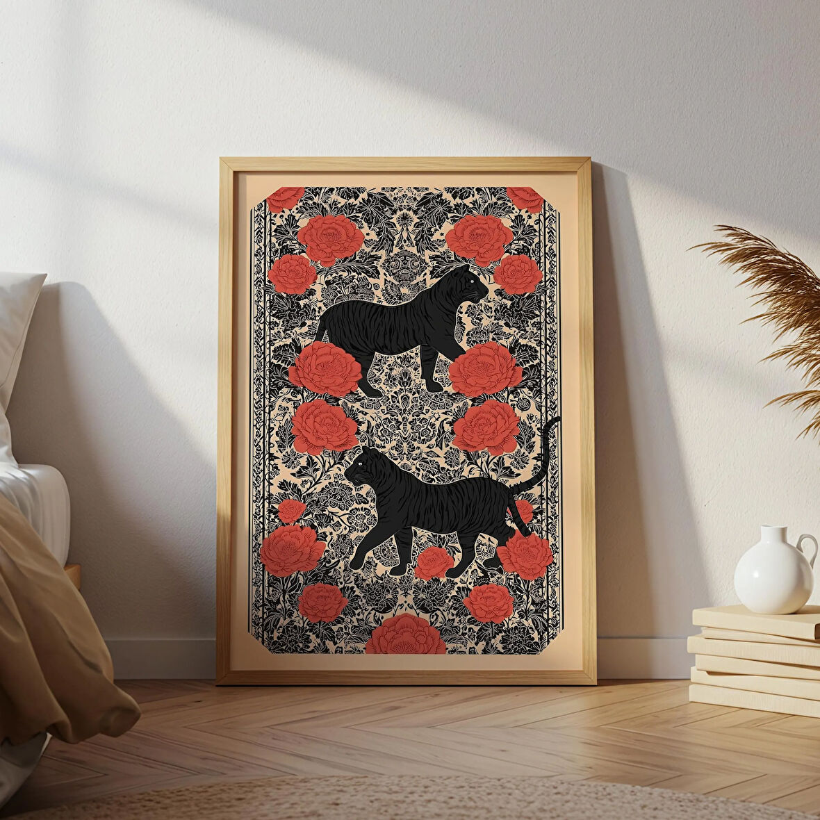 Black Tiger Japanese : Kırmızı Şakayık Çiçekli Halk Sanatı ( )