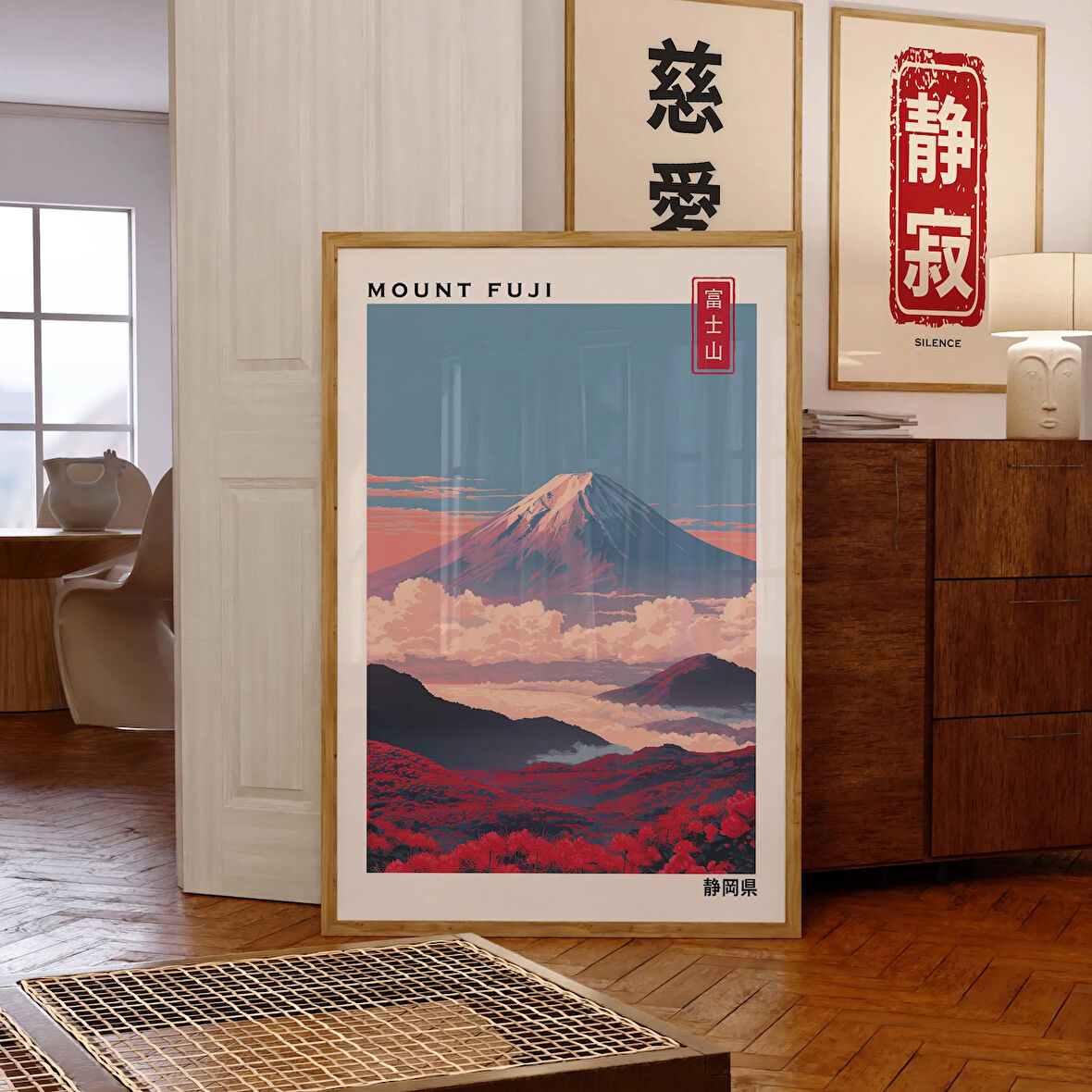 Fuji Dağı: Kırmızı Çiçekli Japon Manzarası (, / Dosya)
