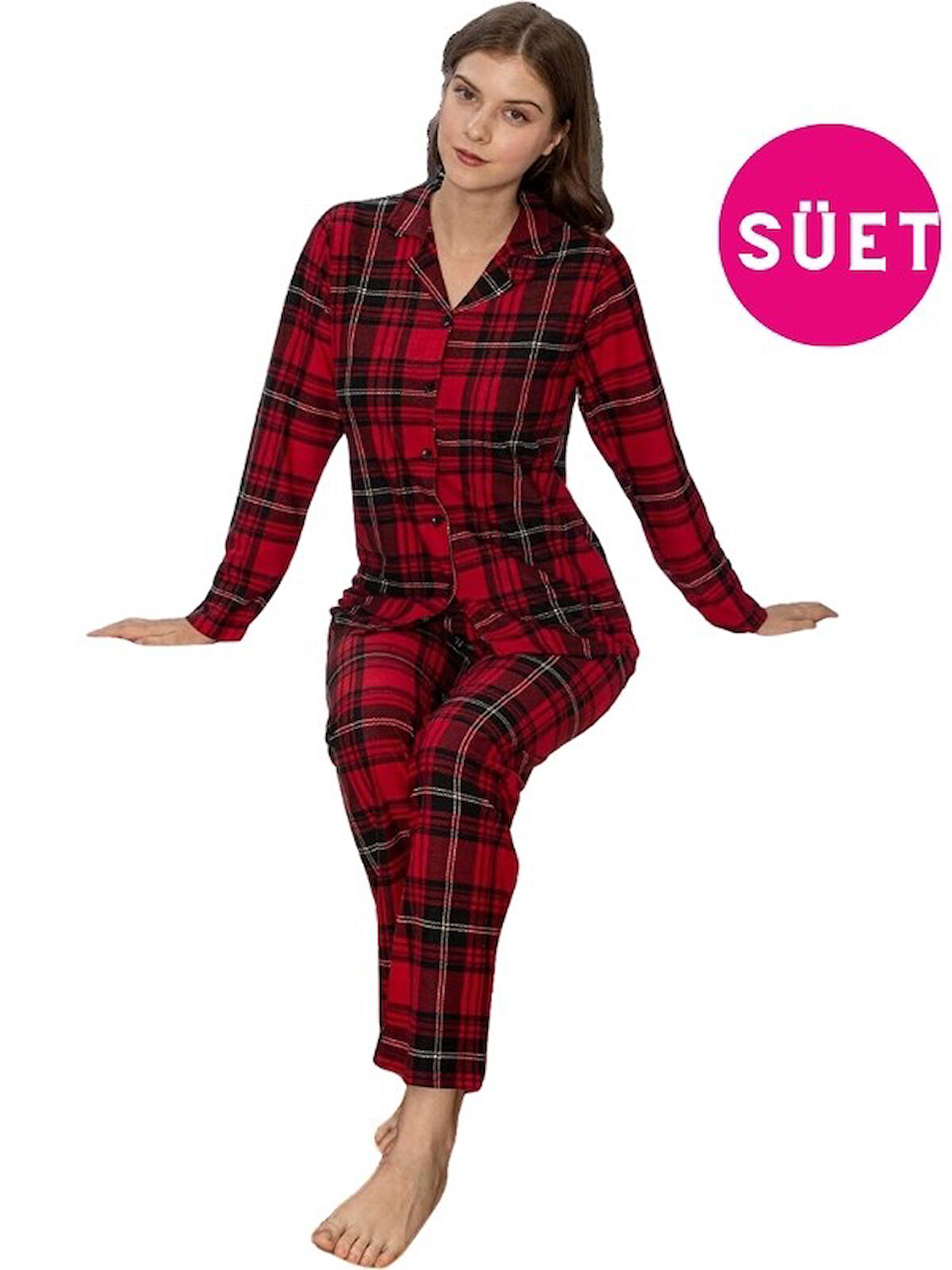 Kadın Gömlek Yaka Önden Düğmeli Süet Kışlık Uzun Kol Pijama Takımı-Dar Slim Fit Kalıp -