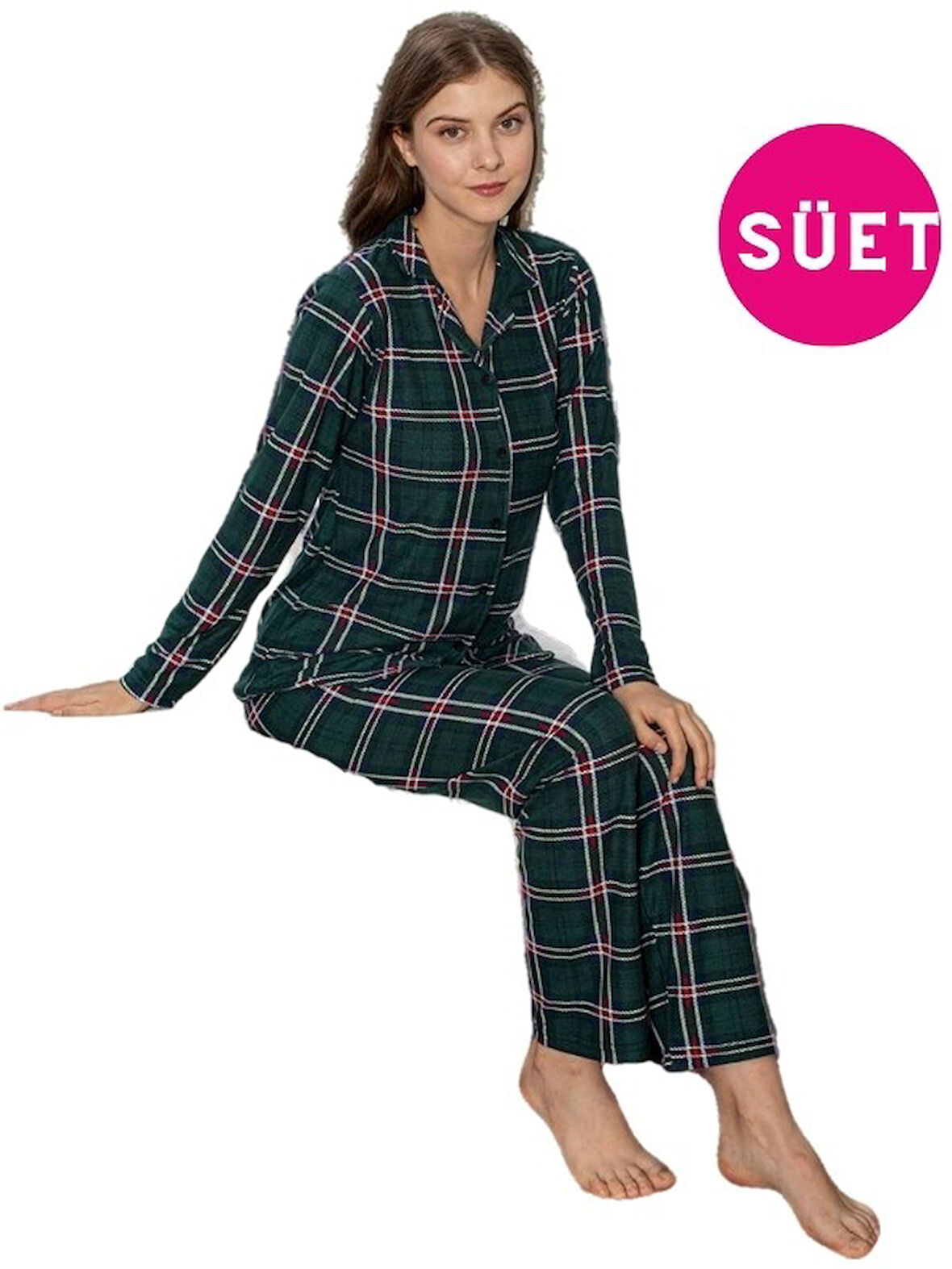 Kadın Gömlek Yaka Önden Düğmeli Süet Kışlık Uzun Kol Pijama Takımı-Dar Slim Fit Kalıp -