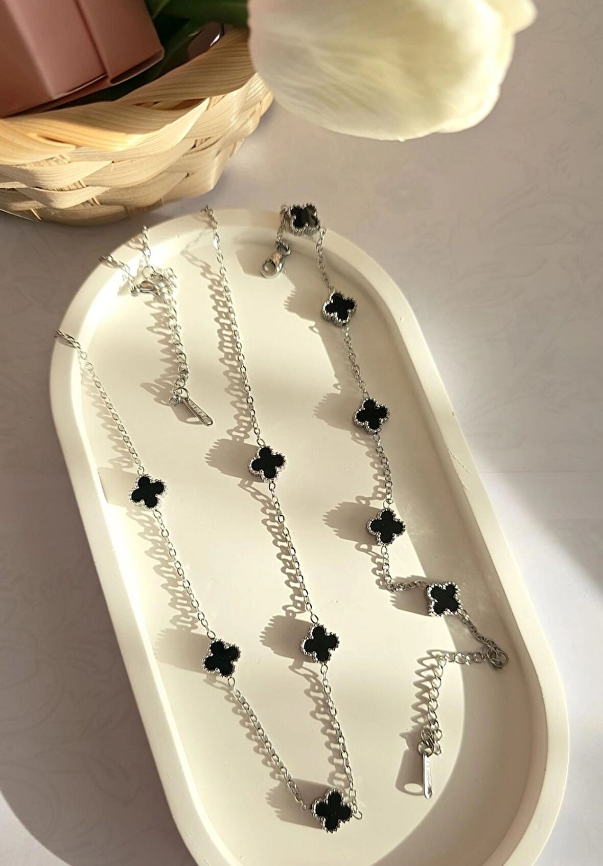 Çelik Kolye Seti - Yonca Kolye Ve Bileklik Seti - Paslanmaz Çelik