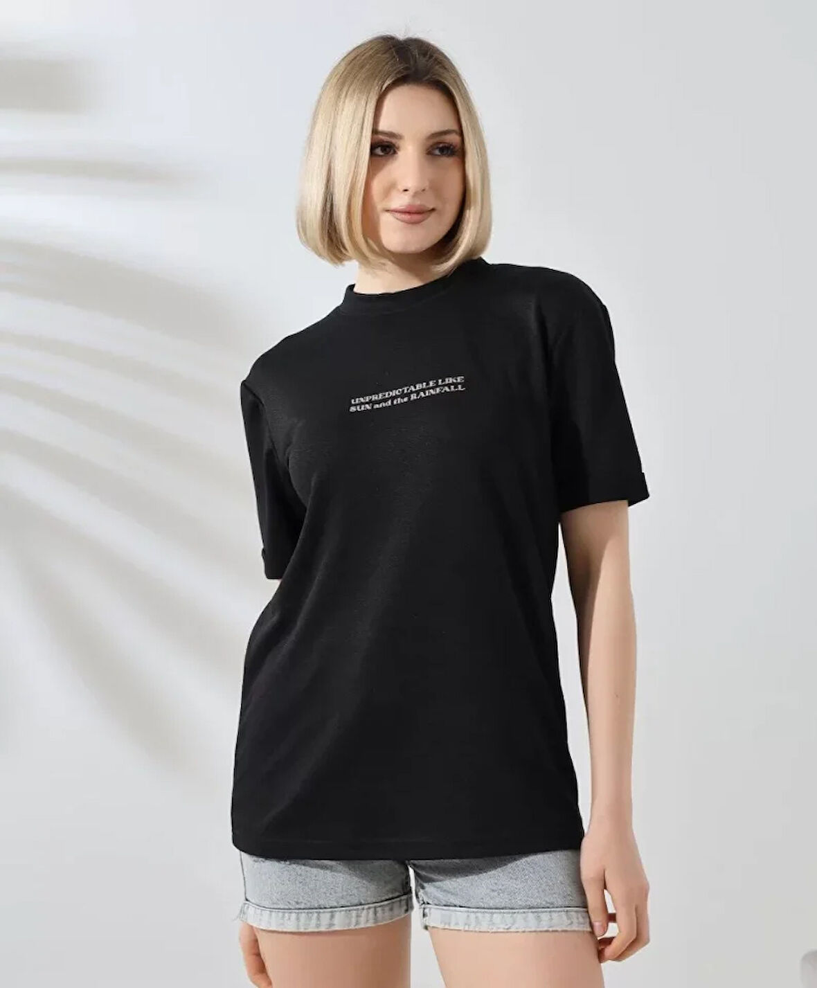 Nnstartshopping  Unisex Bisiklet Yaka Baskılı Slim Fit T-Shirt - Siyah