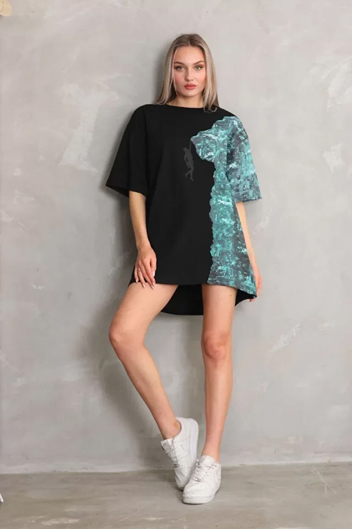 Nnstartshopping  Unisex Bisiklet Yaka Baskılı Oversize T-Shirt - Siyah