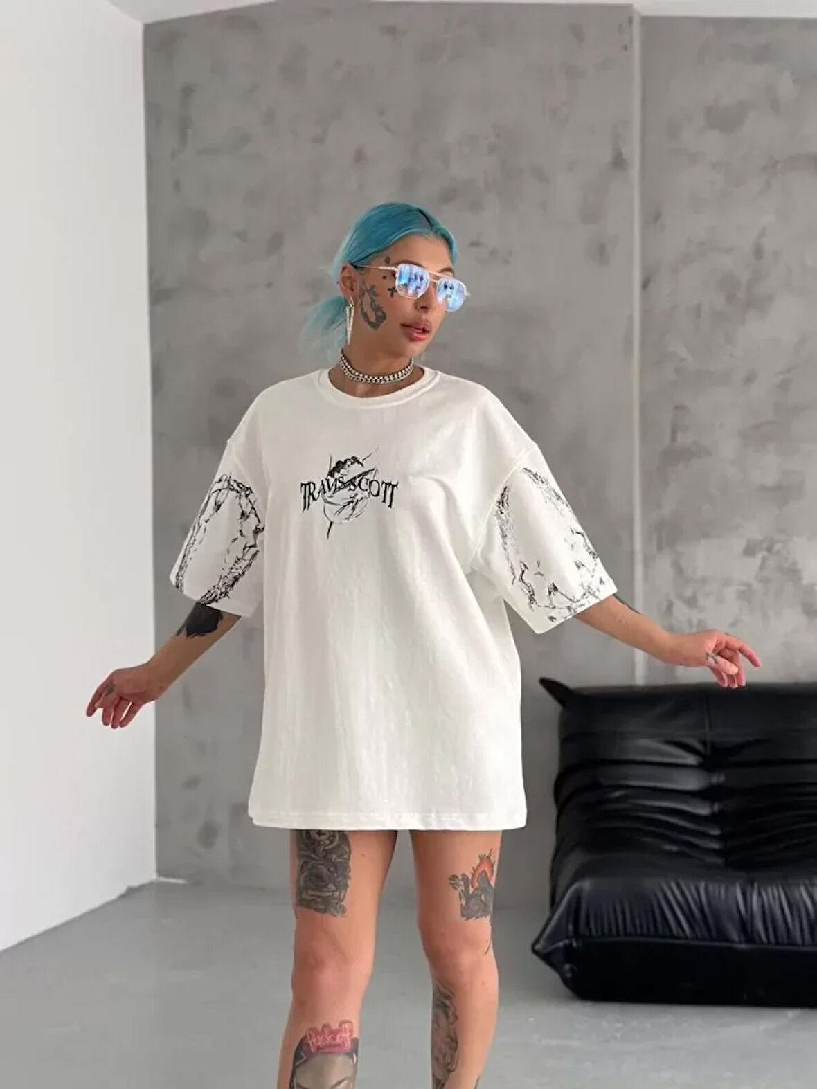 Nnstartshopping  Unisex Bisiklet Yaka Baskılı Oversize T-Shirt - Beyaz