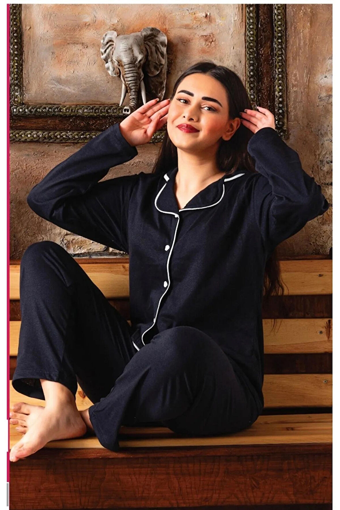 Gömlek Yaka Pamuklu 2 İplik Uzun Kol Kadın Pijama Takımı