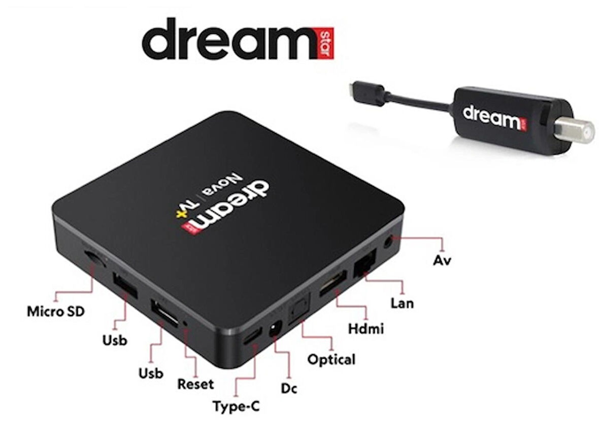 Dreamstar Nova TV+ (12 Ay Premium Üyelik Hediyeli) 4K Lisansli Android TV Box 2GB Ram 32GB Hafıza +( Typec Tuner)
