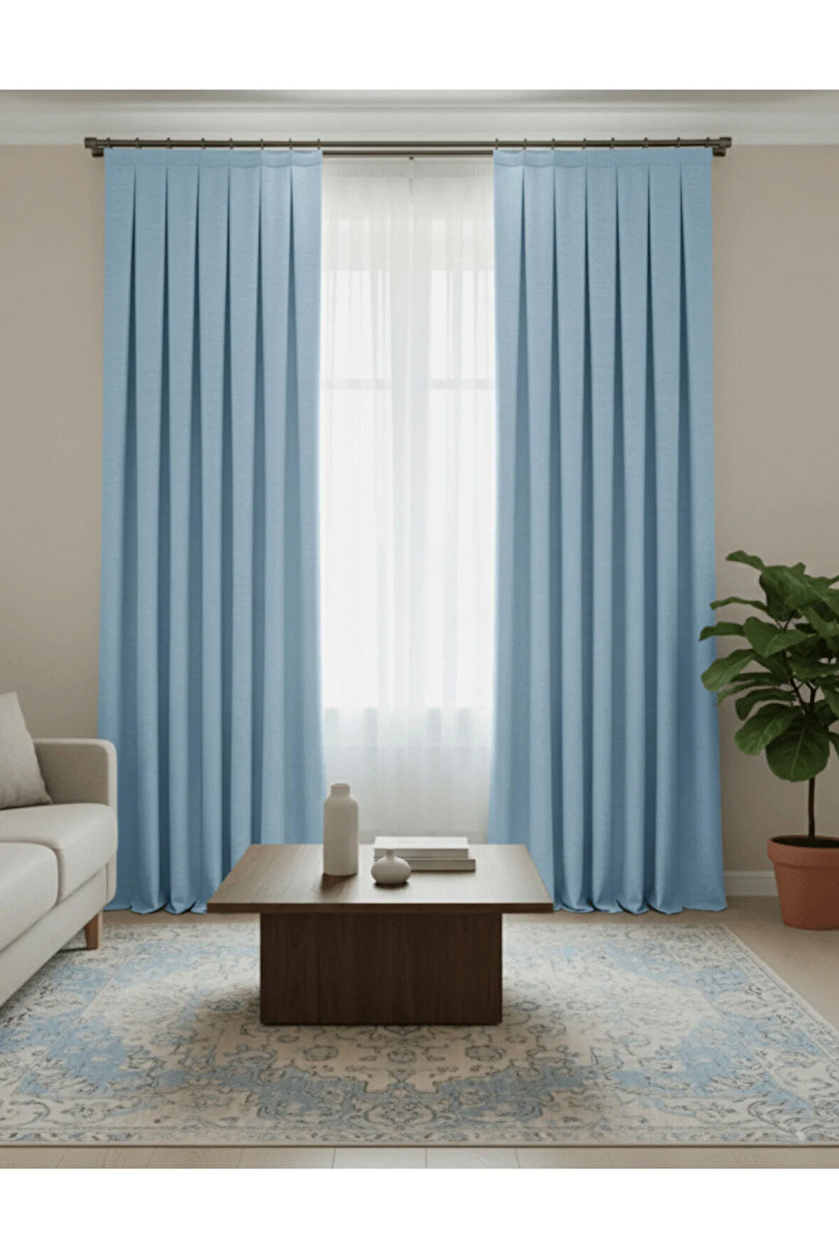 Narden Model Buz mavisi Sade Soft Fon Perde 1x3 Sık Pile - Şık ve Modern Tasarım