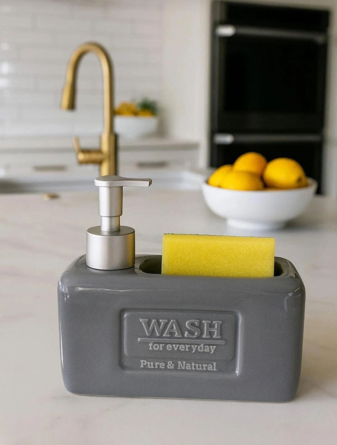 Şık ve Fonksiyonel Seramik Süngerlikli Sıvı Sabunluk/Deterjanlık, Gri, 500 ml